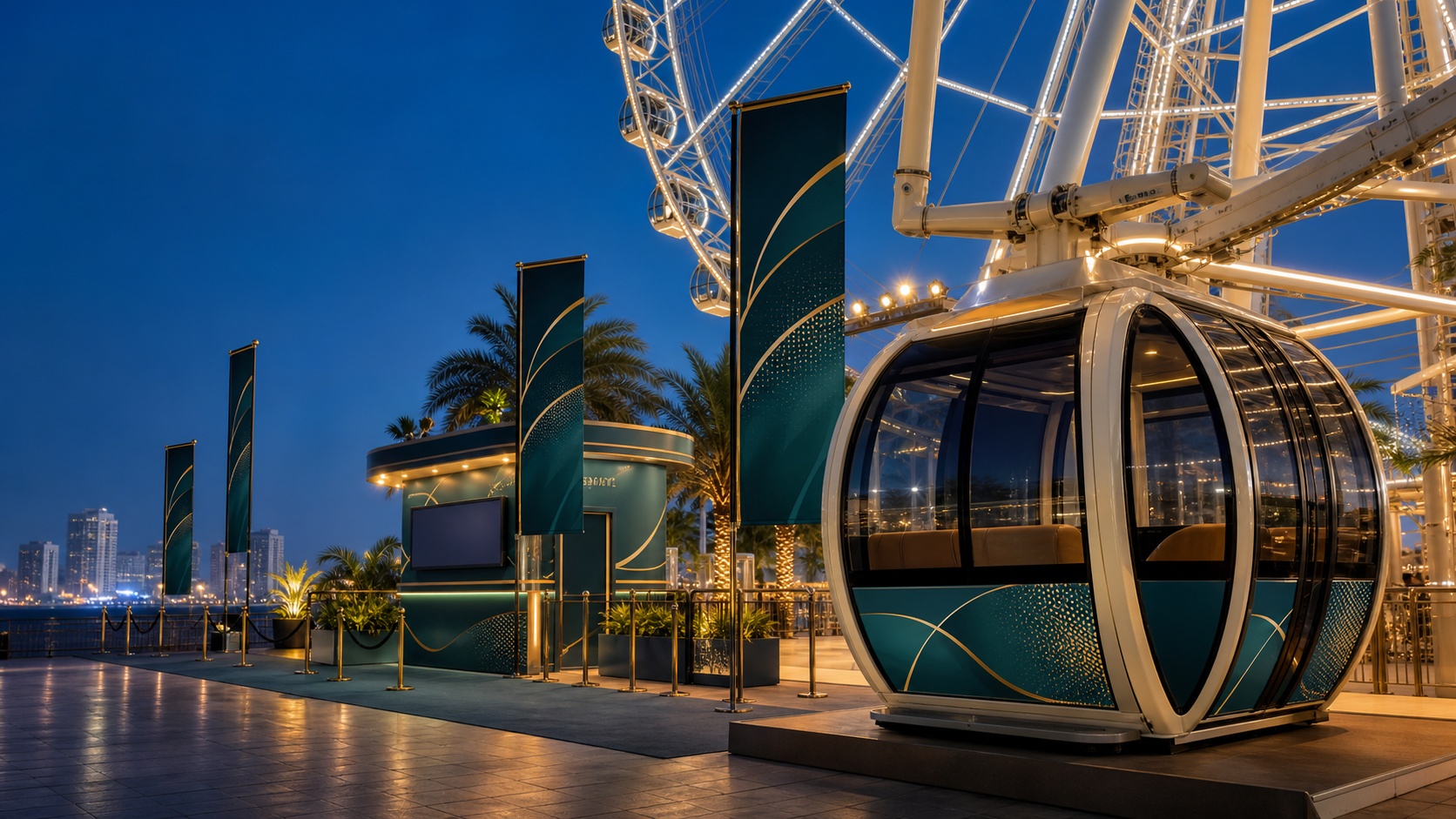 Concept example of a branded gondola, ticket booth and event flags at a Ferris wheel